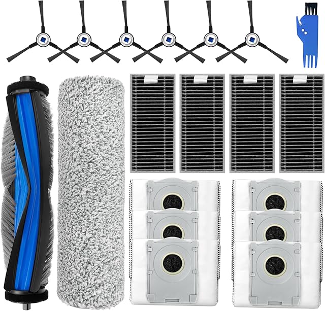 19Pcs Replacement Parts for Ecovacs Deebot X8 Pro Omni for Yeedi S14 Plus Vacuum Cleaner, 1 Main Brush, 1 Soft Brush, 6 Side Brush, 4 HEPA Filter, 6 Dust Bag