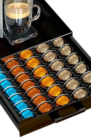 Coffee Pod Holder Drawer Organizer with Deluxe Black Tempered Glass Top, Compatible for Nespresso Vertuo Pods, Holds up to 75 Small or 50 Big Vertuo Pods Compact Design (Piano Black)