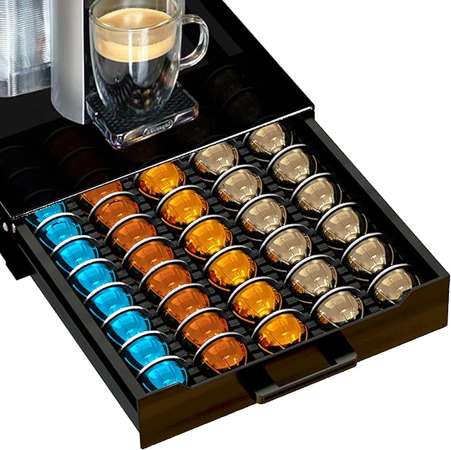 Coffee Pod Holder Drawer Organizer with Deluxe Black Tempered Glass Top, Compatible for Nespresso Vertuo Pods, Holds up to 75 Small or 50 Big Vertuo Pods Compact Design (Piano Black)