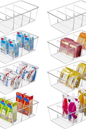 Vtopmart 8 Pack Food Storage Organizer Bins, Clear Plastic Bins for Pantry, Kitchen, Fridge, Cabinet Organization and Storage, 4 Compartment Holder for Packets, Snacks, Pouches, Spice Packets