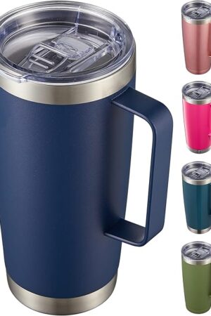 CIVAGO 20 oz Tumbler Mug with Lid and Straw, Insulated Travel Mug with Handle, Double Wall Stainless Steel Vacuum Coffee Tumbler, Thermal Cup, Navy Blue