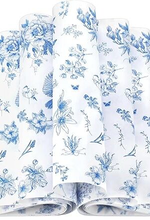 200 Pcs Floral Wax Paper Sheets for Food Chinoiserie Bird Deli Paper Waterproof Sandwich Wrapping Greaseproof Food Basket Liners for Picnic Party Kitchen Supplies, 9.8 x 8.7inch(Blue)