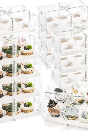 Cedilis 15 Pack Clear Cupcake Boxes, 6 Count Cupcake Containers with Gift Ribbon, Plastic Cupcake Carrier Holder for Treat Dessert Cookies Muffins Pastry Baby Shower Party