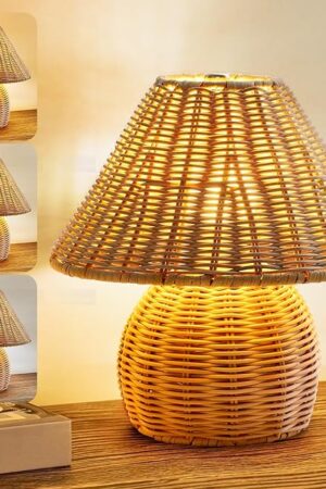 Bamboo Table Lamp Handmade Boho Rattan Bedside Lamp,3 Colors Adjustable Vintage Wicker Wooden Nightstand Lamp with E26 Bulb for Bedroom Living Room Desk Entrance