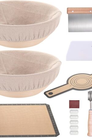 Banneton Bread Proofing Basket Set of 2, 9 inch Round Sourdough Proofing Basket, 15pcs Sourdough Bread Baking Supplies, Including Silicone Bread Sling, Dough Whisk, Dough Cuter, Cleaning Brush etc