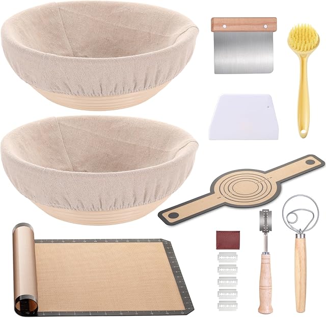 Banneton Bread Proofing Basket Set of 2, 9 inch Round Sourdough Proofing Basket, 15pcs Sourdough Bread Baking Supplies, Including Silicone Bread Sling, Dough Whisk, Dough Cuter, Cleaning Brush etc