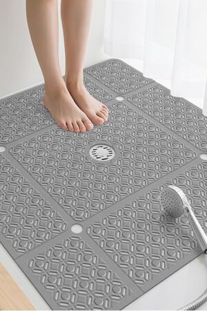 Yolife Square Shower Mat, 27" x 27" Large Shower Mat with Center Drain Hole, Soft TPE Non Slip Shower Mats for Inside Shower with Suction Cups, Anti Slip Washable Shower Floor Mat, Dark Grey