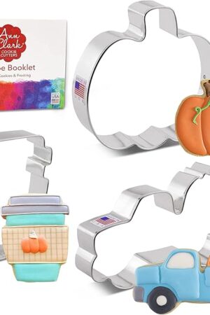 Ann Clark Cookie Cutters Fall Pumpkin Spice Cookie Cutters 3-Pc Set Made in the USA, Pumpkin, Harvest Truck with Pumpkin, Latte Cup