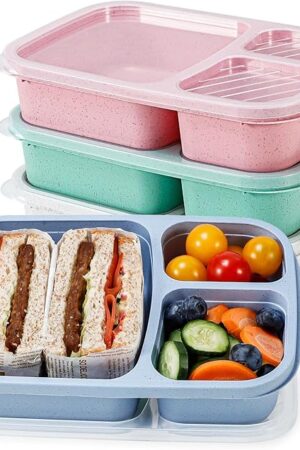 Caperci Wheat Straw Bento Lunch Box Containers for Adults & Kids - 3-Compartment Reusable Meal Prep Containers for School, Work, Travel, Set of 4 (Multicolor & Clear Lids)