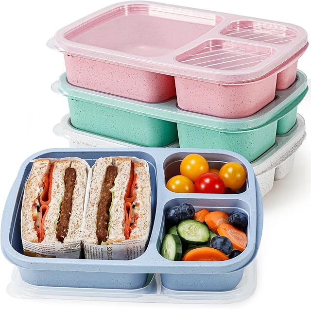 Caperci Wheat Straw Bento Lunch Box Containers for Adults & Kids - 3-Compartment Reusable Meal Prep Containers for School, Work, Travel, Set of 4 (Multicolor & Clear Lids)