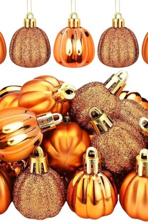 36 Pcs Fall Pumpkin Hanging Ornament Thanksgiving Tree Decorations Mini Pumpkin Ball Decorations Farmhouse Fall Ornaments for Small Tree for Autumn Thanksgiving Halloween Christmas(Gold)