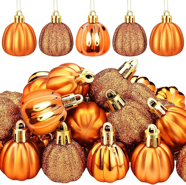 36 Pcs Fall Pumpkin Hanging Ornament Thanksgiving Tree Decorations Mini Pumpkin Ball Decorations Farmhouse Fall Ornaments for Small Tree for Autumn Thanksgiving Halloween Christmas(Gold)