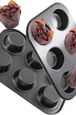 2 Packs Round Muffin Baking Pan, Premium Steel Muffin Pan for Baking, Cupcake Tin Cheesecake Pans, Bakeware Muffin Top Pan (6 Cups,Black)