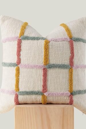 Double Stitch Checkered Throw Pillow Covers - 100% Cotton Tufted Boho Decorative Pillow Covers 20x20, Made in India, Square Plaid Cushion Case, Modern Home Decor for Couch, Sofa, Living Room, Multi