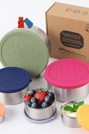 12 Pcs - 6 Stainless Steel Containers + 6 Silicone Lids | 304 Stainless Steel Snack Container | Nesting Snack and Dip Containers | Metal Food Storage