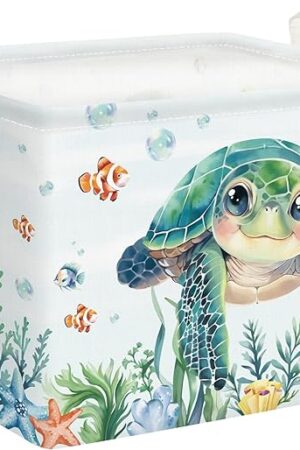 Clastyle Large Fish Sea Turtle Baby Basket Ocean Coral Seaweed Starfish Toy Book Shelf Basket Waterproof Pool Toy Beach Towel Storage Bin Collapsible Dirty Clothes Hamper, Blue, 40 * 30 * 30 cm