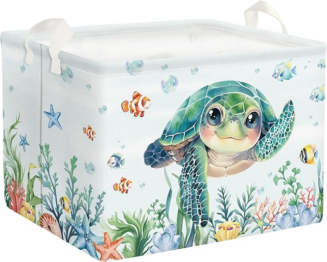 Clastyle Large Fish Sea Turtle Baby Basket Ocean Coral Seaweed Starfish Toy Book Shelf Basket Waterproof Pool Toy Beach Towel Storage Bin Collapsible Dirty Clothes Hamper, Blue, 40 * 30 * 30 cm