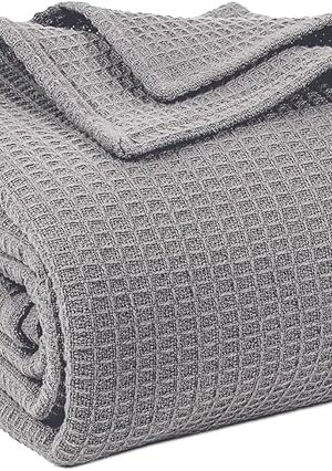 100% Cotton Blankets Queen Size for Bed - Waffle Weave Blankets for Summer, Lightweight and Breathable Soft Woven Blanket for Spring, (Light Grey, Queen (90" x 90"))