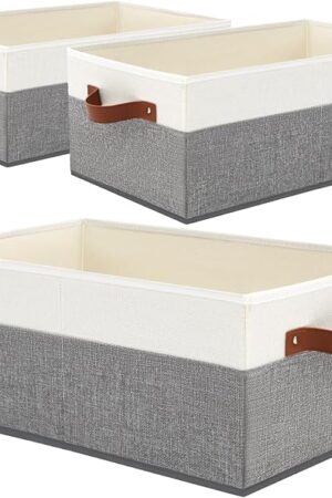 3 Pack Large Capacity Storage Bins Closet Organizer for Shelves, Fabric Closet Storage Baskets Boxes with Leather Handles for Organizing Clothes, Sheets, Jeans, Toys, Books (Grey)