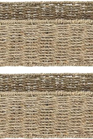 [2-Pack] Seagrass Storage Baskets, Rectangle Wicker Containers, Wicker Toilet Basket Tank Topper, Handwoven Natural Storage Baskets for Shelves, Bathroom, Bedroom (16" x 6.5" x 4.3")