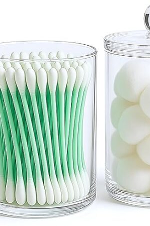 Acrylic Qtip Holder Bathroom Set, Bathroom Containers with Lids, Clear Plastic Apothecary Jars, Q Tip Holder Bathroom Set, Cotton Swab Holder, Cotton Ball Holder (Pack of 2)