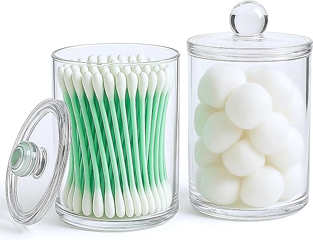 Acrylic Qtip Holder Bathroom Set, Bathroom Containers with Lids, Clear Plastic Apothecary Jars, Q Tip Holder Bathroom Set, Cotton Swab Holder, Cotton Ball Holder (Pack of 2)