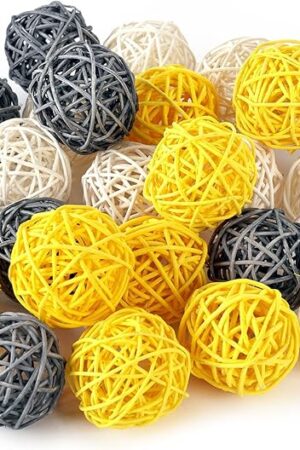 DomeStar 24PCS Yellow Decorative Balls for Bowl Centerpiece, 2 Inch Rattan Bowl Fillers - Wicker Twig Orbs Spheres for Yellow Kitchen Decor, Wedding Home Vase Table Decor