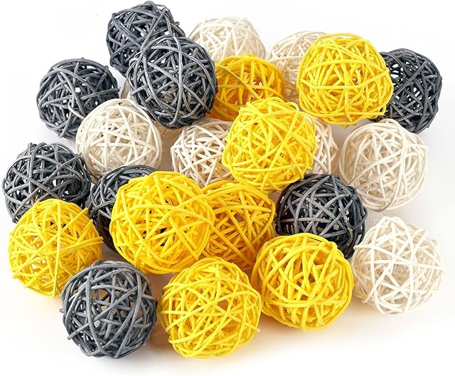 DomeStar 24PCS Yellow Decorative Balls for Bowl Centerpiece, 2 Inch Rattan Bowl Fillers - Wicker Twig Orbs Spheres for Yellow Kitchen Decor, Wedding Home Vase Table Decor