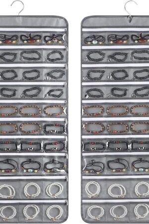 80 Zippered Pockets Hanging Jewelry Organizer for Holding Jewelries Dual-Sided Accessory Display Holder for Earrings Bracelets Rings (80 Zippered Pockets-Grey)