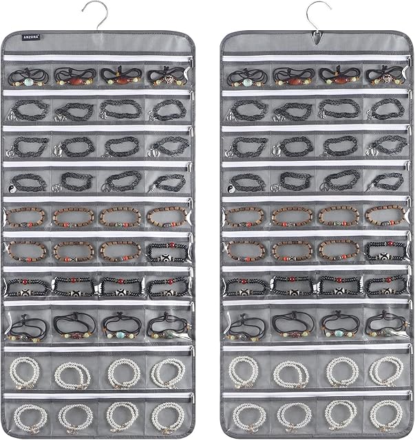 80 Zippered Pockets Hanging Jewelry Organizer for Holding Jewelries Dual-Sided Accessory Display Holder for Earrings Bracelets Rings (80 Zippered Pockets-Grey)