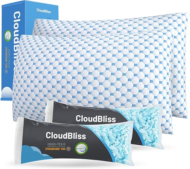 CloudBliss Shredded Memory Foam Pillow for Sleeping - Adjustable Cooling Pillow with Breathable Washable Cover, CertiPUR-US Certified, Queen Size for Side/Back/Stomach Sleepers