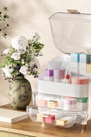 Delamu Makeup Organizer for Vanity, Skincare Organizer with Lid and Drawers, Bathroom Counter Organizer Perfume Makeup Storage, Large Cosmetic Display case for Dresser, Bathroom Countertop, White