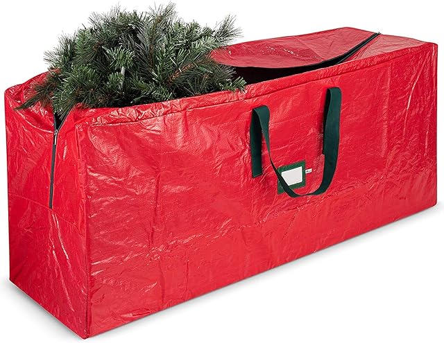 ZOBER Christmas Tree Storage Bag - Fits 9 Ft Artificial Trees - Plastic, Waterproof Christmas Tree Bag - Strong, Durable Handles - Labeling Card Slot - Red
