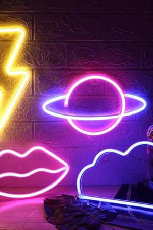 4 Pcs LED Decorative Neon Night Signs, Hanging Lighted Up Neon Sign for Bedroom Room Decor Neon Lights Led Cloud Signs Light Sign for Home Decor Pink/Blue Planet