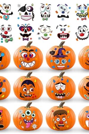 The Runleo Halloween Pumpkin Decorating Stickers Kit, Make 48 Different Faces Jack O Lantern Decorations DIY Craft Pumpkin Stickers Kids Toddler Activities Treats Game Party Favors