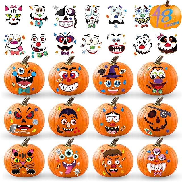 The Halloween Pumpkin Decorating Stickers Kit, Make 48 Different Faces Jack-O-Lantern Pumpkin Decorations DIY Craft Stickers Kids Gifts, Halloween Toddler Activities Treats Game Party Favors
