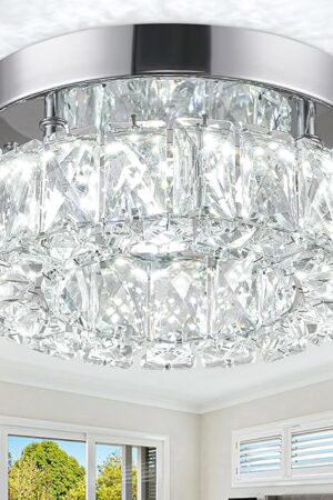 7.9" Mini Crystal Chandelier LED Flush Mount - K9 Crystal & Stainless Steel Ceiling Light for Bedroom, Kitchen, Hallway (6500K Cool White)