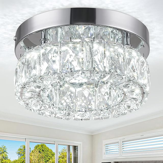 7.9" Mini Crystal Chandelier LED Flush Mount - K9 Crystal & Stainless Steel Ceiling Light for Bedroom, Kitchen, Hallway (6500K Cool White)