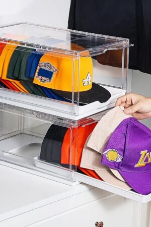 Vtopmart 2 Pack Hat Organizer for Baseball Caps, Clear Hats Holder Box with Drawer, Large Cap Storage with Sliding Tray, Stackable Rack Display Case with Magnetic Door, Each Holds 12 Hats