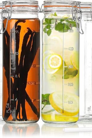 [Upgraded] 20 oz Glass Jars with Airtight Lids for Vanilla Extract, 6 Pack Glass Juice Bottles with 2 Measurement Marks, Glass Food Storage Canister Set For Beans, Spice, Tea, Drink, Milk. 600ML