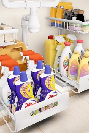 VUSIGN Under Sink Organizer, 2 Tier Pull Out Bathroom Cabinet Organizer, Under Kitchen Sink Organizers and Storage, Under Sink Shelf,2 Pack, White