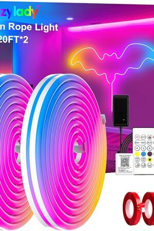 Cozylady 40Ft (20Ft *2 Rolls) RGB LED Neon Rope Lights for Bedroom, 12m LED Strip Lamp with Double Sided Adhesive Tape, App/Remote Control DIY Lights Decorate The Outdoor and Indoor of Your Home