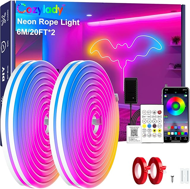 Cozylady 40Ft (20Ft *2 Rolls) RGB LED Neon Rope Lights for Bedroom, 12m LED Strip Lamp with Double Sided Adhesive Tape, App/Remote Control DIY Lights Decorate The Outdoor and Indoor of Your Home