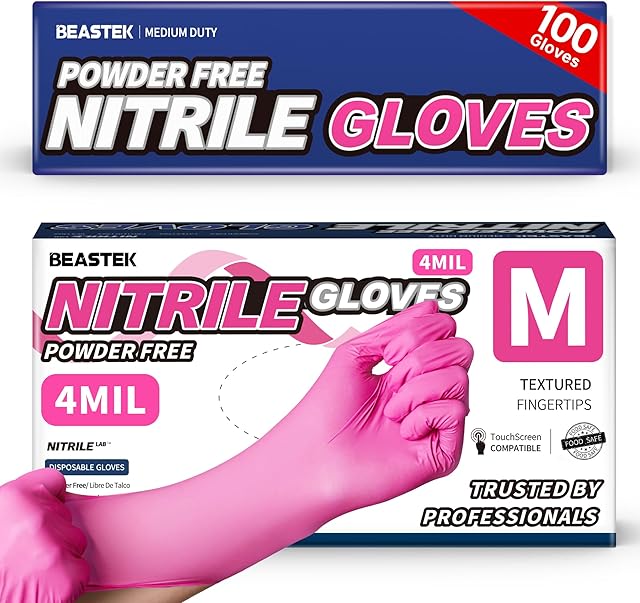 Beastek Nitrile Exam Gloves, 4 Mil 100 Pcs, Powder-Free Latex-Free Food-Safe Cooking Clean Medical Disposable Glove, Hot Pink