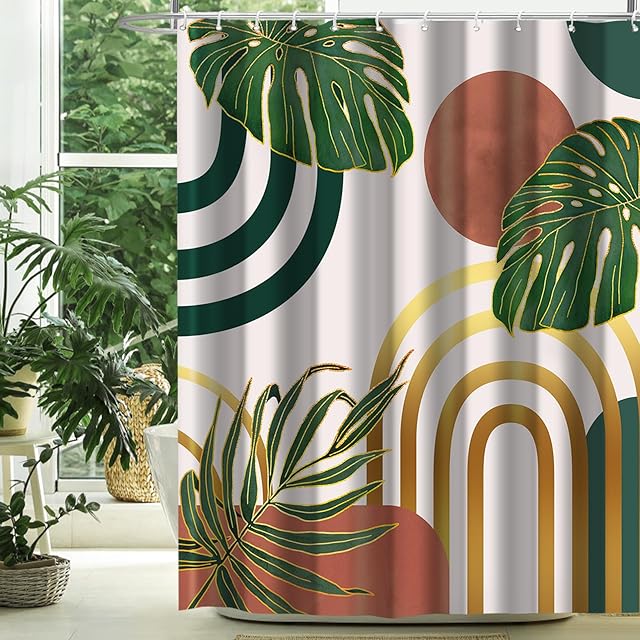 Boho Sage Green Mid Century Shower Curtain Modern Minimalist Abstract Bohemian Geometric Retro Arch Leaf Waterproof Fabric Bathroom Decor 72" X 72" with 12 Hooks Simple Bath Curtain Sets