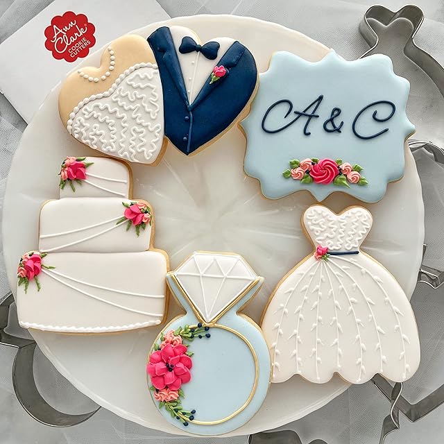 Ann Clark Cookie Cutters Wedding Cookie Cutters 5-Pc Set Made in the USA, Square Plaque, Wedding Cake, Wedding Dress, Diamond Ring, Double Heart