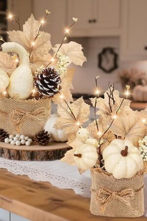 [Light & Timer] Fall Decor 2 Pack Fall Table Centerpieces with 20 LED Tabletop Maple Tree Pumpkin Pinecone Berry Branch Arrangement, Fall Decorations for Home Kitchen Halloween Thanksgiving