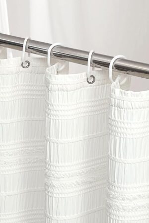 White Shower Curtain Fabric, White Textured Shower Curtain Farmhouse Cotton Blend Striped Shower Curtains for Bathroom Shabby Chic Rustic Decor 72" x 72"