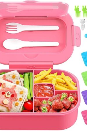 Bento Box, 44oz 4 Compartment Lunch Container with Cutlery for Kid/Adult/Toddler, Leak Proof, Microwave/Dishwasher/Refrigerator Safe, BPA Free (Pink)