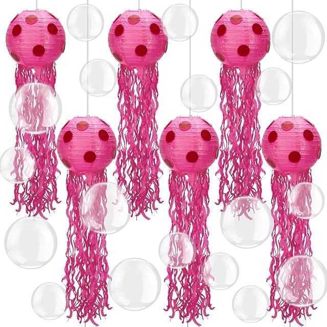 6 Set Sponge Party Hanging Jellyfish Decorations 8 Inch Jellyfish Paper Lanterns with 100 Pcs 5 Inch 10 Inch Clear Balloons Jellyfish Hanging Decor for Birthday Party Ocean Decorations